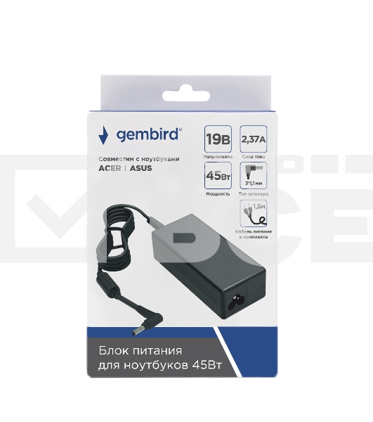 Блок питания Gembird для ноутбуков ACER, ASUS NPA-AC37, 19В/2.37А, 45Вт, штекер 3х1.1мм, коробка