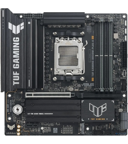 Материнская плата ASUS TUF GAMING B850M-PLUS II, AM5, AMD B850, 4xDDR5, 4xSATA, 3xM.2, 1xPCIe 5.0 x16, 1xPCIe 4.0 x1, 1xHDMI, 1xDP, 1x2.5Gb LAN, 1xUSB-C 20Gbps, 3xUSB-A 10Gbps, 4xUSB-A 5Gbps, 4xUSB-A 2.0, 3x3.5 мм, 7.1, mATX