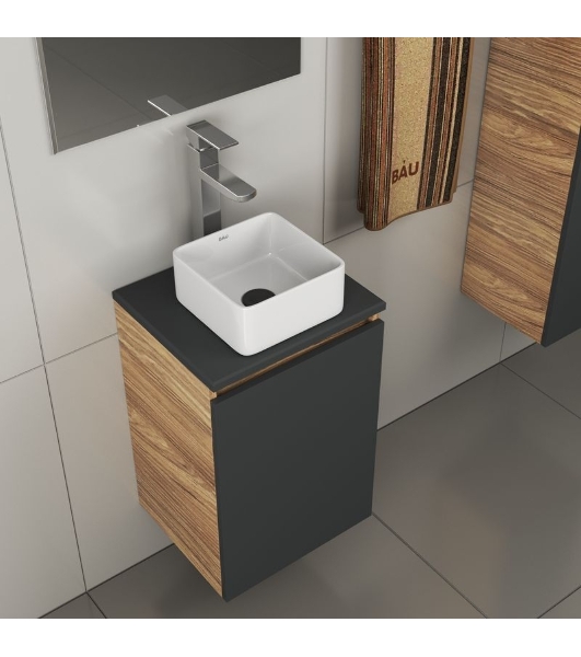 Комплект для ванной, 4 предмета (тумба Bau 40, графит + раковина BAU Hotel mini 24х24 + смеситель Hotel Still, выпуск клик-клак, черный)