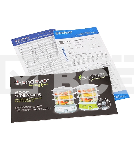 Пароварка электрическая Endever Vita-170, белый/серый, мощность 1000 Вт, объем 11 л