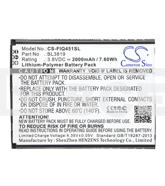 Аккумулятор CameronSino CS-FIQ451SL BL3819 для Fly IQ4514 Evo Tech 4 3.8V / 2000mAh / 7.60Wh
