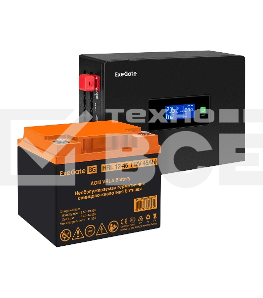 Комплект Источник бесперебойного питания EX295993RUS + батарея 45Aч EX285666RUS 1шт (инвертор, синус, для котла, PF=1, настенный) ExeGate IdealSine SR-1000.LCD.2SH <1000VA/1000W, чистая синусоида, цветной LCD-дисплей, 2*Schuko, крепление настенное, Black>