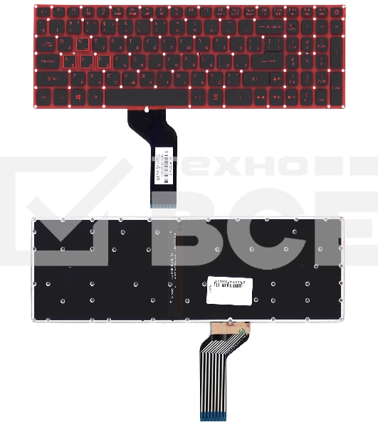 Клавиатура для ноутбука Acer Nitro 5 AN515-51 черная с красной подсветкой (стрелки без рамки)