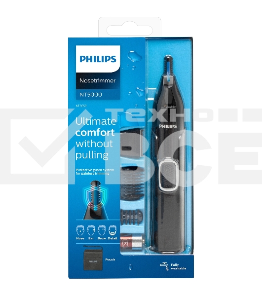 Триммер Philips для носа и ушей, черный, корпус - пластик, 3 насадки-гребня, насадка - триммер, щеточка для очистки, мягкий чехол, батарейка