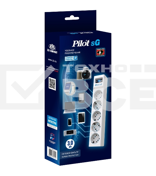 Сетевой фильтр ZIS PILOT Surge protector Pilot SG5 5 outlets (GP), 10A / 2.2kVt, automatic circuit-breaker, 3 m