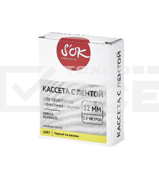 Кассета с лентой S'OK by Sakura Printing HSe-631 для Brother, черный на желтом, 12мм/8м, наклейка