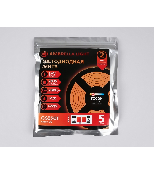 Светодиодная лента Ambrella light GS3501 2835 240Led /22W m/ 24V IP20 3000K/ 5000*10*1.2mm (2 конт.)
