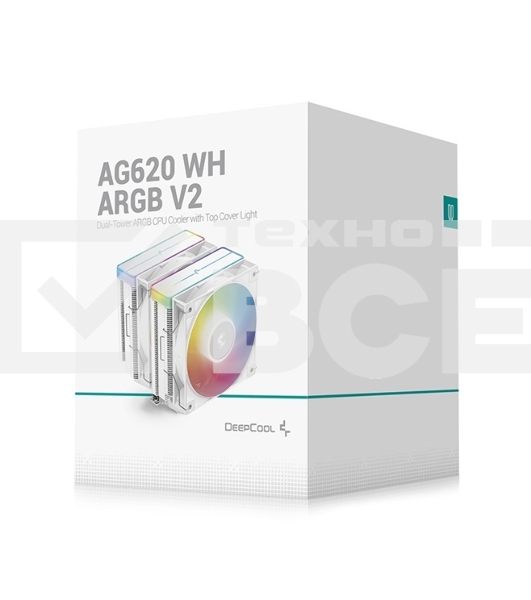 Кулер для процессора DEEPCOOL AG620 WH ARGB V2 LGA20XX/1700/1200/115X/AM5/AM4 (9шт/кор, TDP 260W, PWM, ARGB DUAL Fan 120mm, 6 тепл. трубок, белый) RET