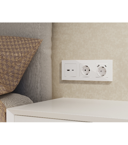 Комплект механизма розетки ALFA Белый матовый 2USB A+C 20W (быстрая зарядка) QUANT (AP1310, VM177) MA131010