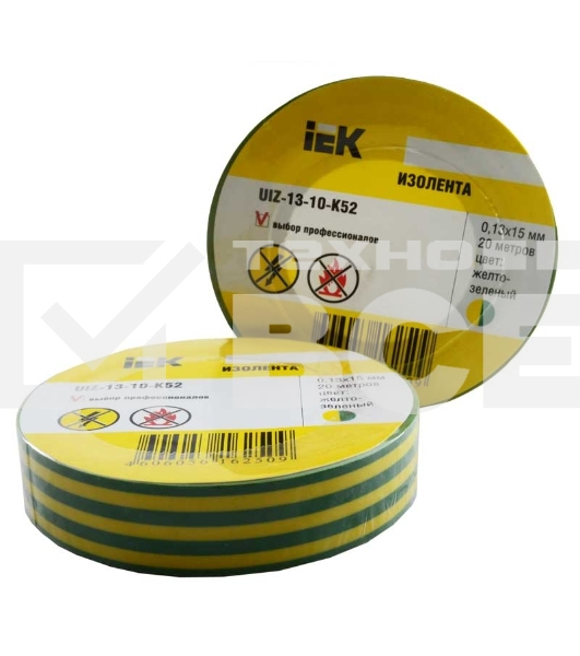 Изолента Iek UIZ-13-10-K52 0,13х15 мм желто-зеленая 20 метров ИЭК