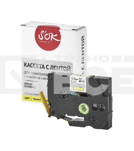 Кассета с лентой S'OK by Sakura Printing HSe-631 для Brother, черный на желтом, 12мм/8м, наклейка