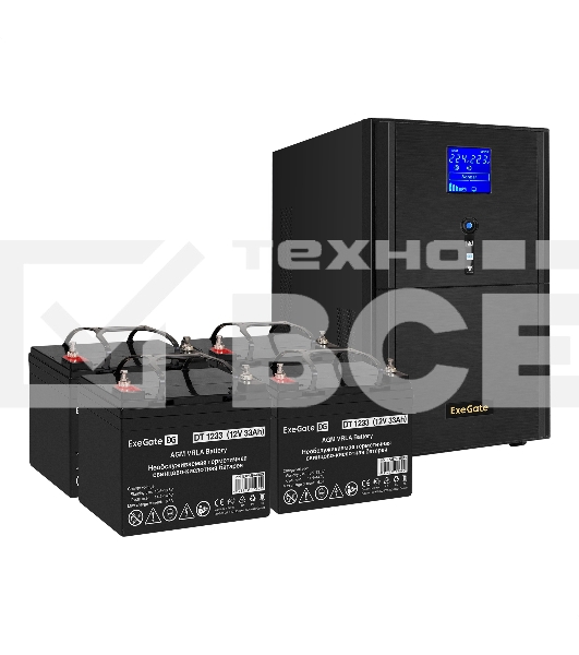 Комплект Источник бесперебойного питания EX295991RUS + батарея 33Aч EX282974RUS 4шт (инвертор, синус, для котла) ExeGate SineTower SZ-5000.LCD.AVR.2SH.1C13.T.RJ.USB <5000VA/4000W, чистый синусоида, LCD дисплей, AVR, 2*Schuko+1*C13+клеммы, RJ45/11, USB, ли