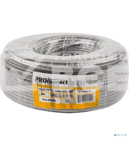 Кабель UTP PROconnect 4PR 24AWG, CU (медь), CAT5E, 100 МГц, PVC, серый, бухта 100 м