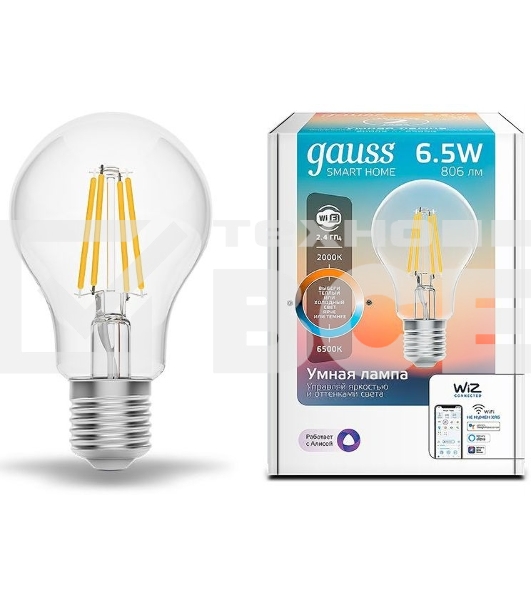 Лампа светодиодная филаментная Gauss Smart Home DIM+CCT E27 A60 6,5Вт 2000-6500 К 1/10/40