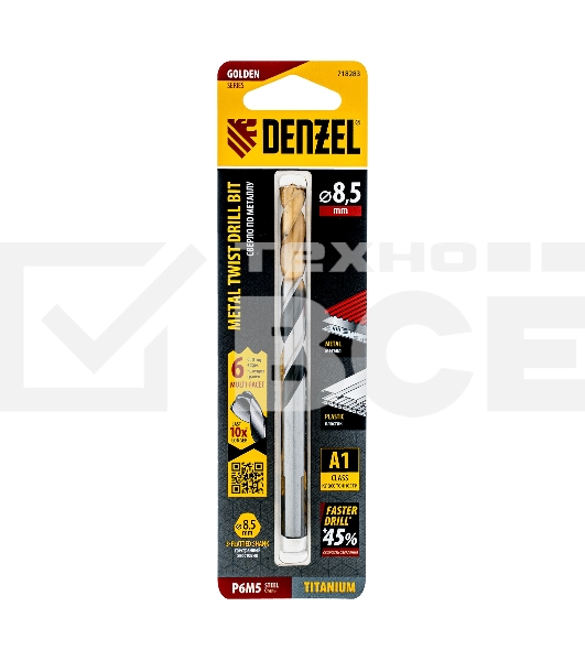 Сверло спиральное по металлу 8,5 x 117мм, Р6М5, Golden Tip, многогранная заточка Denzel