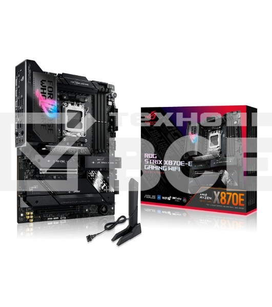 Материнская плата ASUS ROG STRIX X870E-E GAMING WIFI, AM5, AMD X870E, 4xDDR5, 4xSATA, 5xM.2, 1xPCI-E 5.0 x16, 1xPCI-E 4.0 x4, 1xHDMI, 1xUSB-C 3.2 Gen 2, 1xUSB-C 3.2 Gen 2x2, 2xUSB-C 4.0, 1x 5Gb LAN, 9xUSB-A 3.2 Gen 2, 2x3.5 мм, TOSLINK, 1xWi-Fi 7, ATX