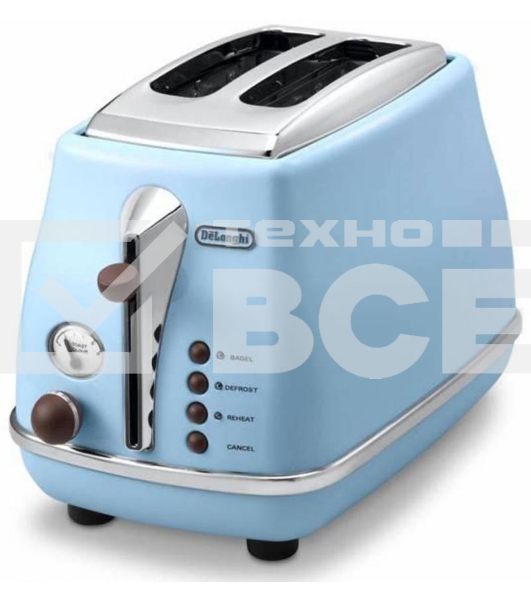Тостер DeLonghi CTOV 2103.AZ, 900Вт, на 2 тоста, разморозка, обжаривание, решетка для подогрева, поддон, голубой