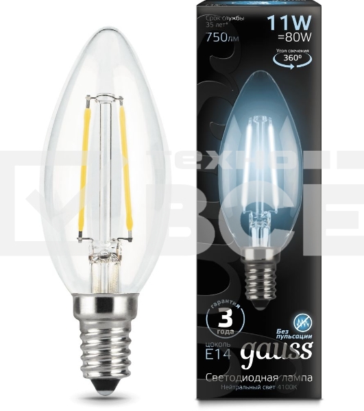 Лампа светодиодная филаментная Black Filament 11Вт свеча 4100К E14 Gauss 103801211