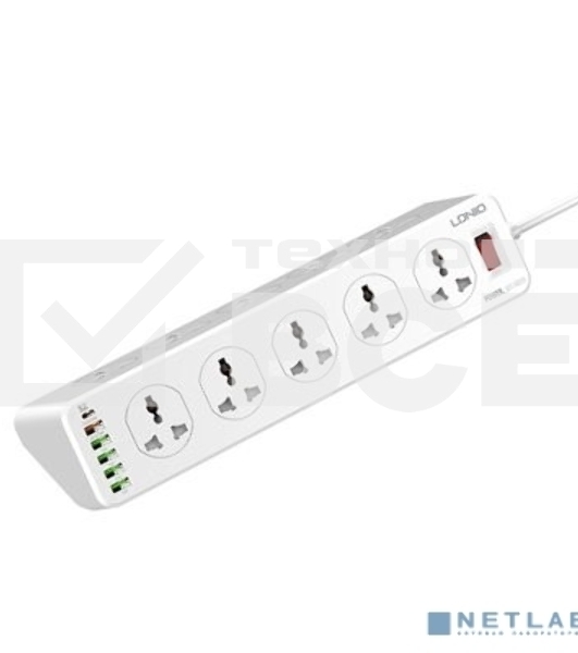 Сетевой удлинитель LDNIO SC10610/ 2м/ 10 розеток EU_UK_US/ 2500W/ 6 USB: QC 3.0+PD 3.0 30W/ White