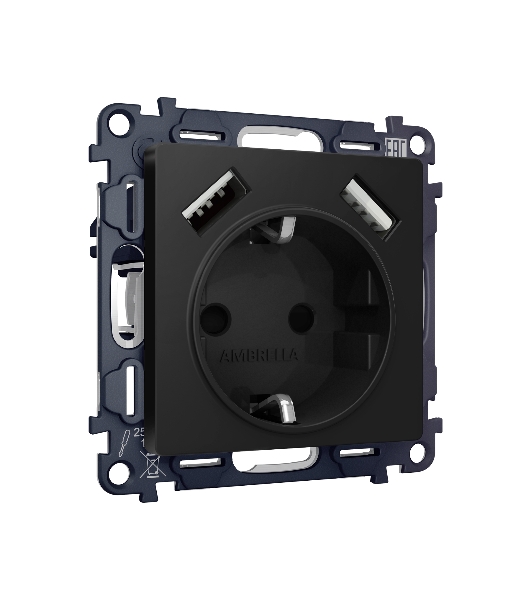 Комплект механизма электрической розетки ALFA Черный матовый 2USB A+A 18W (быстрая зарядка) с/з QUANT (AP8090, VM155) MA809010