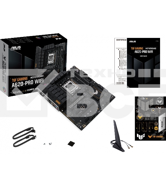Материнская плата ASUS TUF GAMING A620-PRO WIFI, AM5, AMD A620, 4xDDR5, 4xSATA, 2xM.2, 1xPCI-E 4.0 x16, 1xPCI-E 3.0 x16, 2xPCI-E x1, 1xHDMI, 1xDP, 1x 2.5Gb LAN, 3xUSB-A 2.0, 2xUSB-A 3.2 Gen 2, 1xUSB-C 3.2 Gen 1, 5x3.5 мм, 7.1, ATX