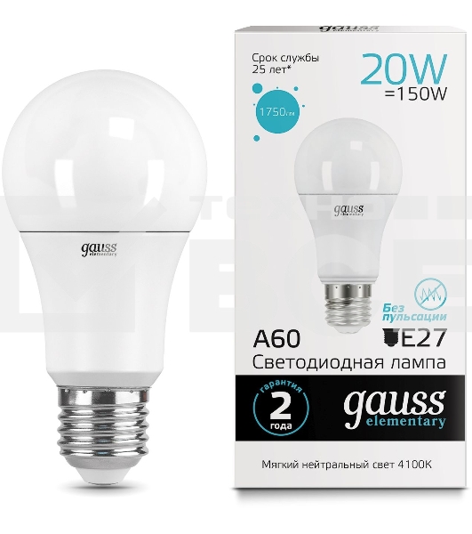 Лампа светодиодная Gauss Elementary 20Вт цок.:E27 груша 220B 4100K св.свеч.бел.нейт. A60 (упак.:10шт) (23229)