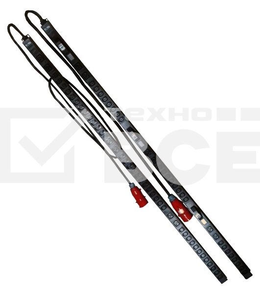 Вертикальный блок розеток, 3-фазный, 6xC19 + 24xC13, автомат и A/V-метр, 380V, 32A, шнур 2 м, IEC309