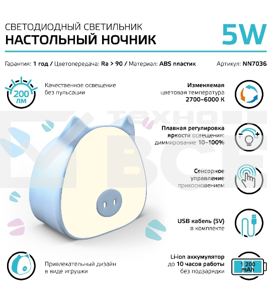 Ночник Gauss NN7036 поросенок голубой
