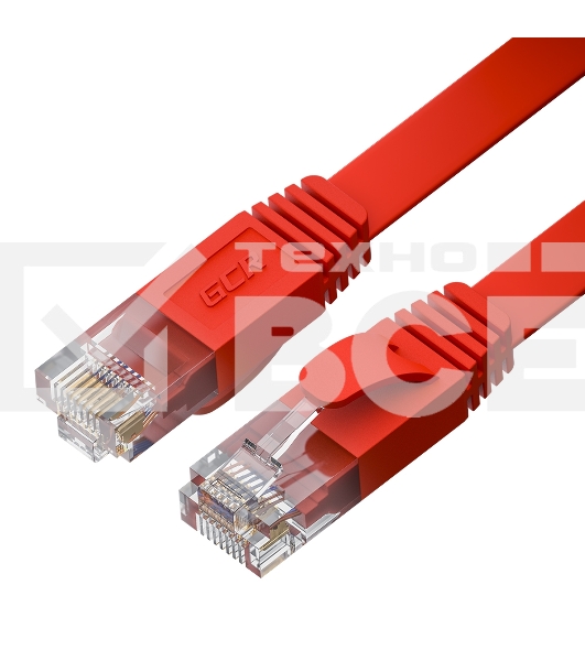 Патч-корд GCR PROF плоский прямой 10.0m, UTP медь cat.6, красный, 30 AWG, ethernet high speed 10 Гбит/с, RJ45, T568B, GCR-52851