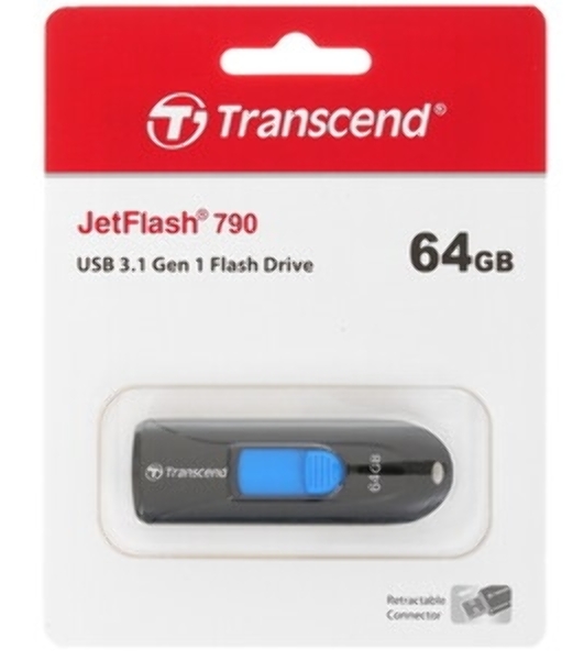 Флешка USB Transcend JetFlash 790 (TS64GJF790K), 64 Gb, USB 3.0, R/W 90/40, черный/синий