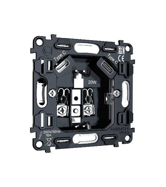 Механизм электрической розетки 2USB С+C 20W (быстрая зарядка) с/з на винтовых зажимах 16A-250V QUANT VM165