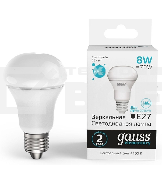 Лампа светодиодная Gauss Elementary 63228 8Вт цок.:E27 рефлек. 220B 4100K св.свеч.бел.нейт. (упак.:10шт)