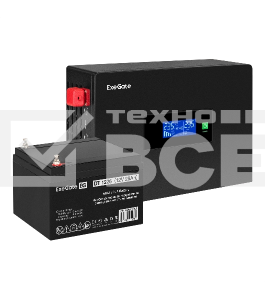 Комплект Источник бесперебойного питания EX295993RUS + батарея 26Aч EX282970RUS 1шт (инвертор, синус, для котла, PF=1, настенный) ExeGate IdealSine SR-1000.LCD.2SH  <1000VA/1000W, чистая синусоида, цветной LCD-дисплей, 2*Schuko, крепление настенное, Black