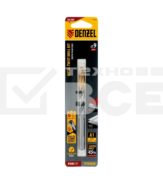 Сверло спиральное по металлу 9 x 125мм, Р6М5, Golden Tip, многогранная заточка Denzel