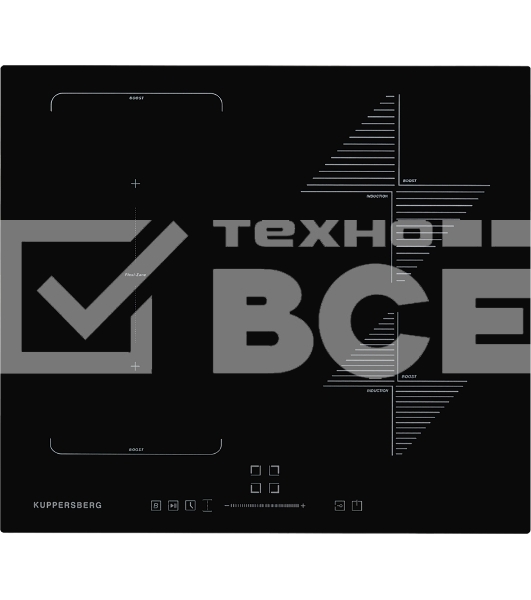 Индукционная варочная поверхность Kuppersberg ICS 614 / ширина 60 см, 2 зоны 1,5 кВт (BOOSTER 2 кВт), 2 зоны 2 кВт (BOOSTER 2,6 кВт), 1 зона Flexi/Bridge 400*220 mm 3 кВт (BOOSTER 3,6 кВт), электронное сенсорное управление + слайдер, 5 цифровых дисплев, 9