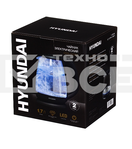 Чайник электрический Hyundai HYK-G1001 1.7л. 2200Вт черный (корпус: стекло)