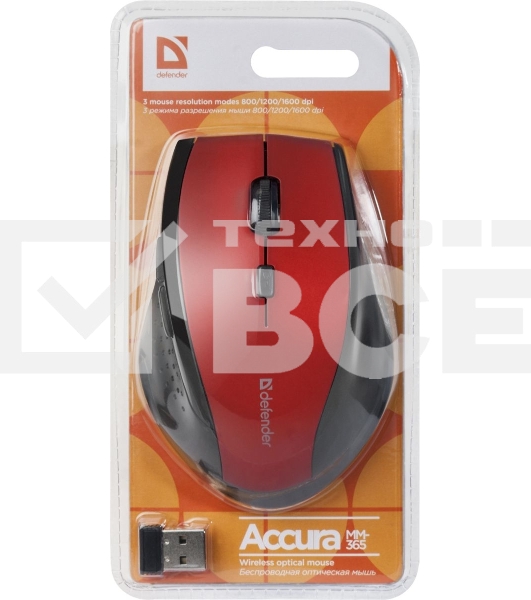 Мышь беспроводная Defender Accura MM-365 красный, 1600 dpi, радиоканал, USB, кнопки - 6