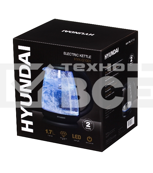 Чайник электрический Hyundai HYK-G1001 1.7л. 2200Вт черный (корпус: стекло)