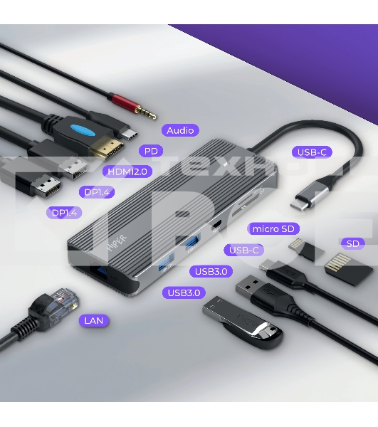 Док-станция HIPER Docking station USB-C HUB 11in1 (1*USB-C 100W PD, 1*HDMI 4K@60Hz, 2*DP 4K@60Hz, 2*USB-A 3.0 (5Gbps data), 1*USB-C 3.0 (5Gbps data), 1*microSD, 1*SD, 1*3.5mm audio, 1*RJ45 Gb)