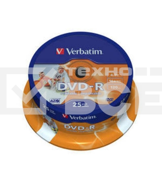 Диск DVD-R Verbatim 4.7Gb 16x Cake Box (25шт) Printable (43538)