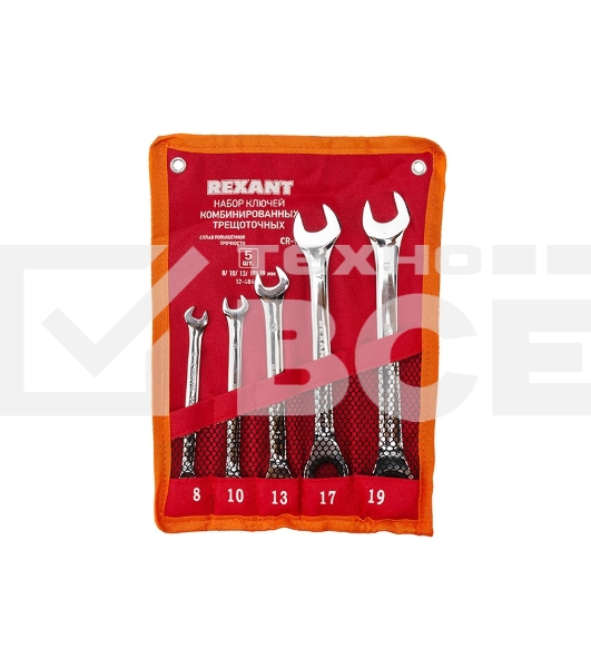 Набор ключей комбинированных трещоточных Rexant (8, 10, 13, 17, 19 мм), 5 шт., CrV, зеркальное хромирование