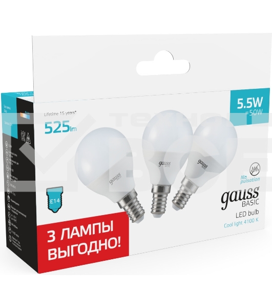 Лампа светодиодная Gauss Basic 10531252T 5.5Вт цок.:E14 шар 220B 4100K св.свеч.бел.нейт. (упак.:3шт)