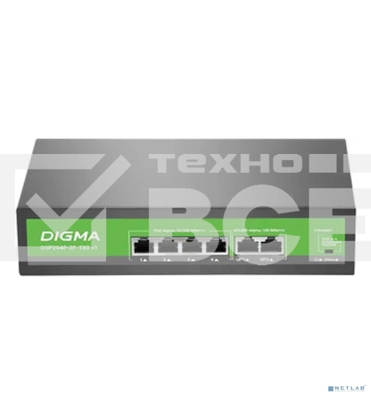 Коммутатор Digma DSP204F-2F-T80 DSP204F-2F-T80 V1 (L2) 6x100Мбит/с 4PoE 4PoE+ 80W неуправляемый