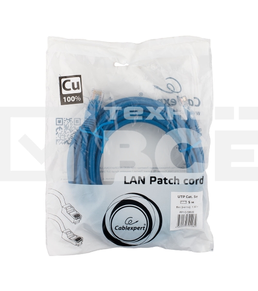 Патч-корд медный UTP Cablexpert PP10-5M/B кат.5, 5м, литой, многожильный (синий)