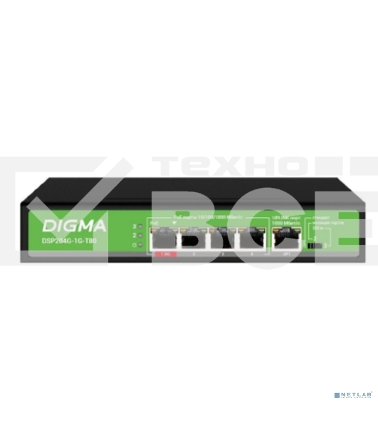 Коммутатор Digma DSP204G-1G-T80 (L2) 5x1Гбит/с 4PoE 4PoE+ 1PoE++ 80W неуправляемый