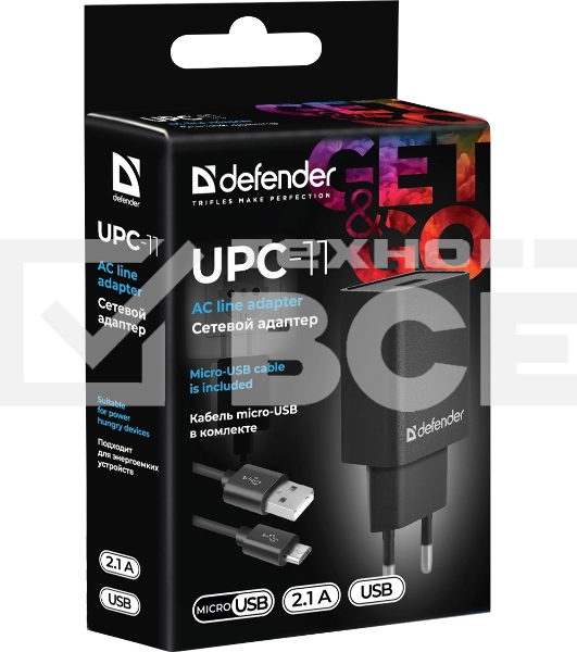 Сетевой адаптер Defender 1xUSB,5V/2.1А, кабель micro-USB (UPC-11)