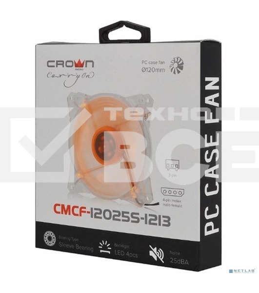 Вентилятор для корпуса Crown CMCF-12025S-1213 прозрачный/оранжевый, 120 мм, 1650 об/мин, 28 дБ, 3 pin