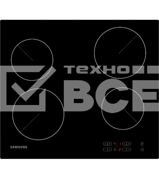 Встраиваемая электрическая панель Samsung NZ64T3506AK/WT 575x505x55 мм, стеклокерамика, 4 конфорки, скошенная рамка,сенсорное управление, светодиодный LED-дисплей, защита от детей, черный цвет