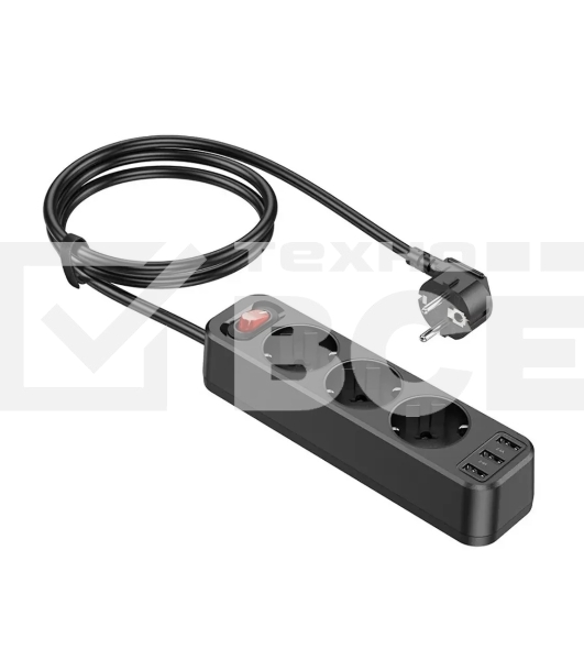Сетевой фильтр Hoco NS2, 3 EU розетки, 4000W, с портами 3xUSB, 2.4A, 1.8м черный