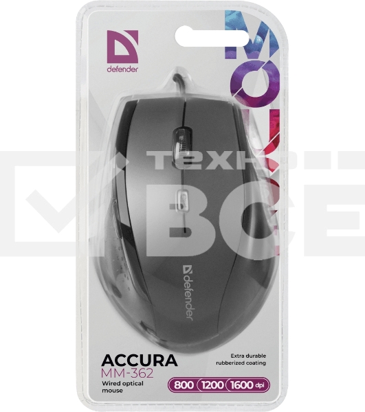 Мышь проводная Defender Accura MM-362 черный, 1600 dpi, USB, кнопки - 6